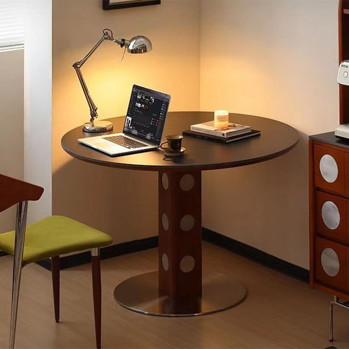 Mesa de Comedor Redonda Minimalista Moderna de Piedra Sinterizada con Madera de Boj y Acero Inoxidable para 4-7 Asientos 