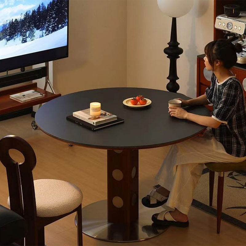 Mesa de Comedor Redonda Minimalista Moderna de Piedra Sinterizada con Madera de Boj y Acero Inoxidable para 4-7 Asientos 