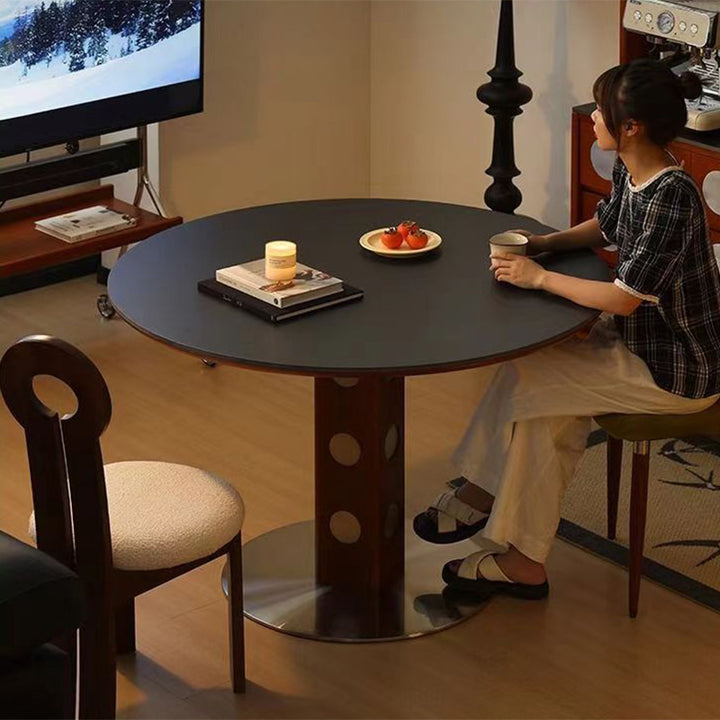 Mesa de Comedor Redonda Minimalista Moderna de Piedra Sinterizada con Madera de Boj y Acero Inoxidable para 4-7 Asientos 