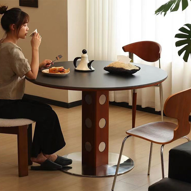 Mesa de Comedor Redonda Minimalista Moderna de Piedra Sinterizada con Madera de Boj y Acero Inoxidable para 4-7 Asientos 