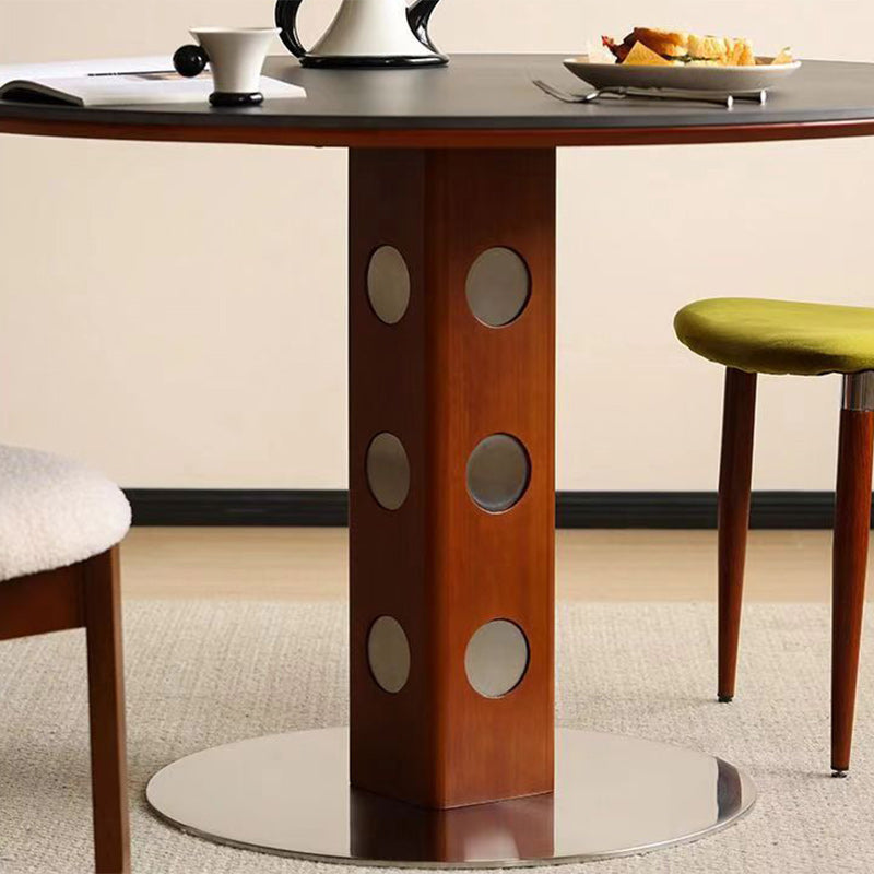 Mesa de Comedor Redonda Minimalista Moderna de Piedra Sinterizada con Madera de Boj y Acero Inoxidable para 4-7 Asientos 