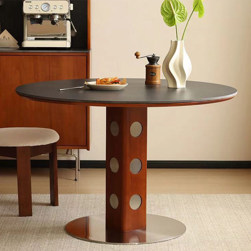 Mesa de Comedor Redonda Minimalista Moderna de Piedra Sinterizada con Madera de Boj y Acero Inoxidable para 4-7 Asientos 