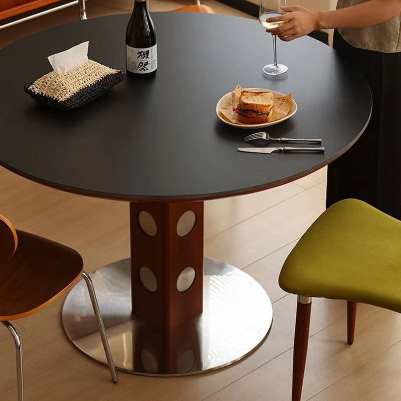 Mesa de Comedor Redonda Minimalista Moderna de Piedra Sinterizada con Madera de Boj y Acero Inoxidable para 4-7 Asientos 