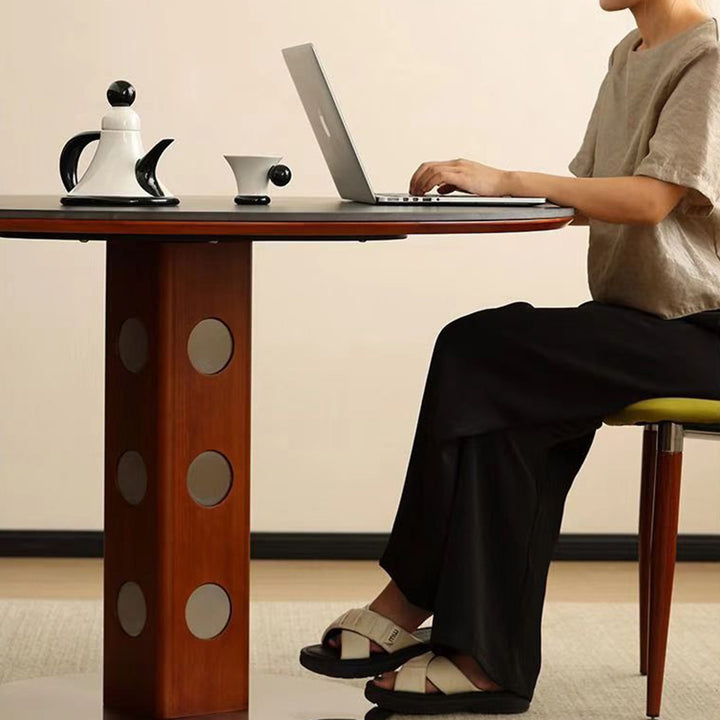 Mesa de Comedor Redonda Minimalista Moderna de Piedra Sinterizada con Madera de Boj y Acero Inoxidable para 4-7 Asientos 