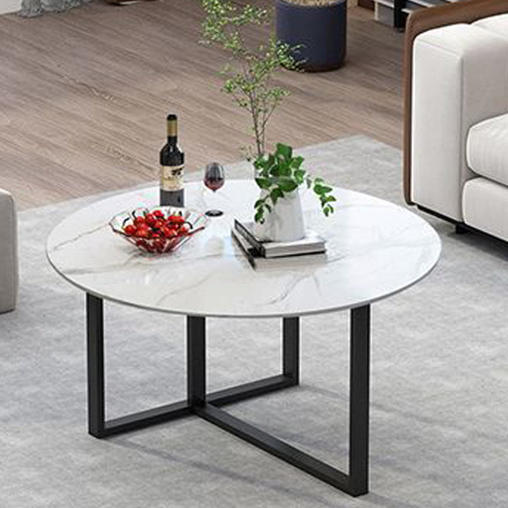 Contemporary Scandinavian Round Sintered Stone Glass Carbon Steel Coffee Table 2-Tier For Living Room