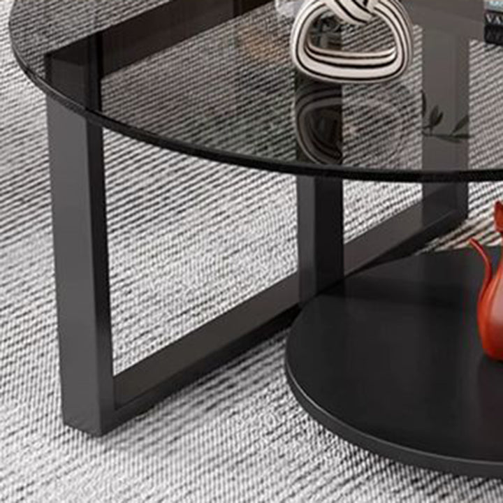 Contemporary Scandinavian Round Sintered Stone Glass Carbon Steel Coffee Table 2-Tier For Living Room