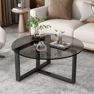 Contemporary Scandinavian Round Sintered Stone Glass Carbon Steel Coffee Table 2-Tier For Living Room