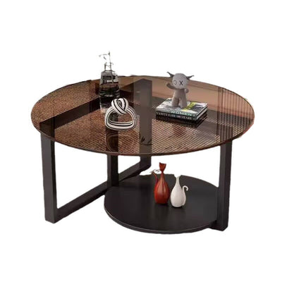 Contemporary Scandinavian Round Sintered Stone Glass Carbon Steel Coffee Table 2-Tier For Living Room