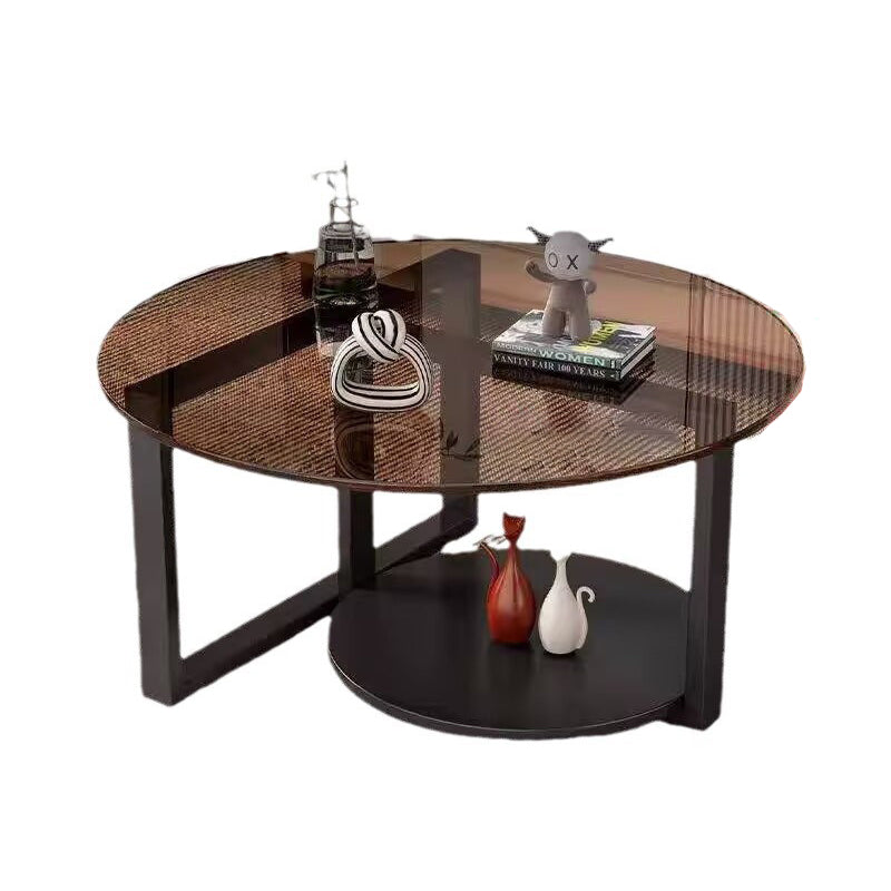 Contemporary Scandinavian Round Sintered Stone Glass Carbon Steel Coffee Table 2-Tier For Living Room