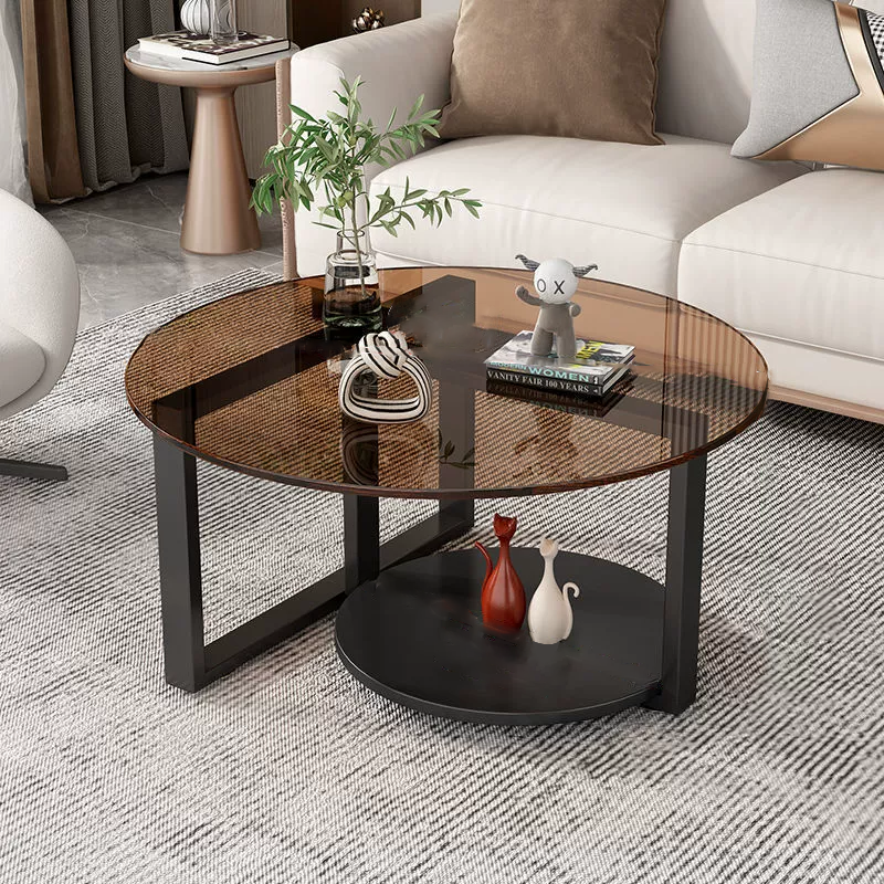 Contemporary Scandinavian Round Sintered Stone Glass Carbon Steel Coffee Table 2-Tier For Living Room