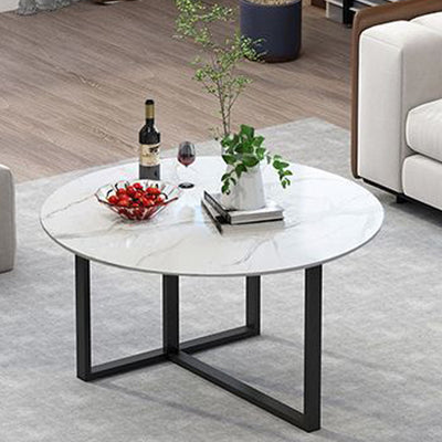 Contemporary Scandinavian Round Sintered Stone Glass Carbon Steel Coffee Table 2-Tier For Living Room