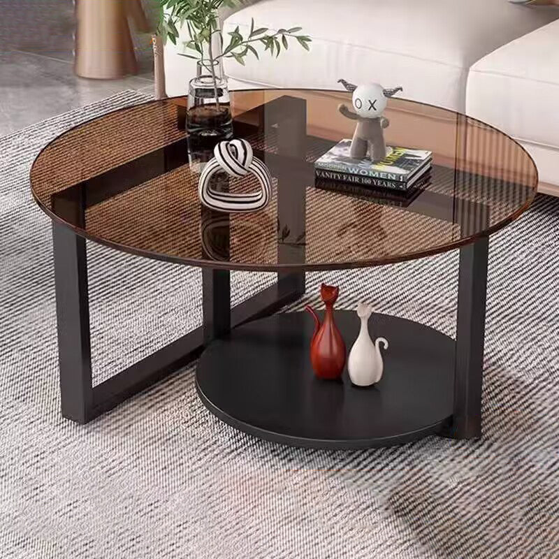 Contemporary Scandinavian Round Sintered Stone Glass Carbon Steel Coffee Table 2-Tier For Living Room