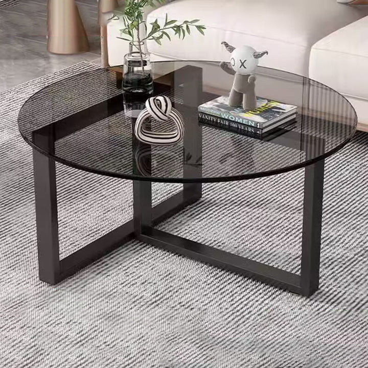 Contemporary Scandinavian Round Sintered Stone Glass Carbon Steel Coffee Table 2-Tier For Living Room
