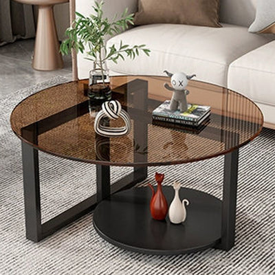 Contemporary Scandinavian Round Sintered Stone Glass Carbon Steel Coffee Table 2-Tier For Living Room