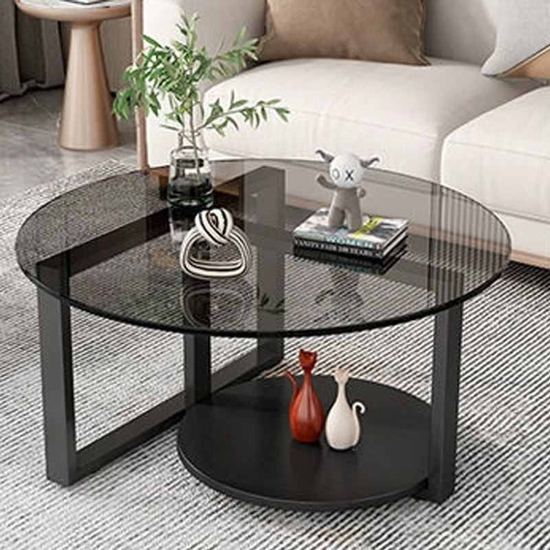 Contemporary Scandinavian Round Sintered Stone Glass Carbon Steel Coffee Table 2-Tier For Living Room
