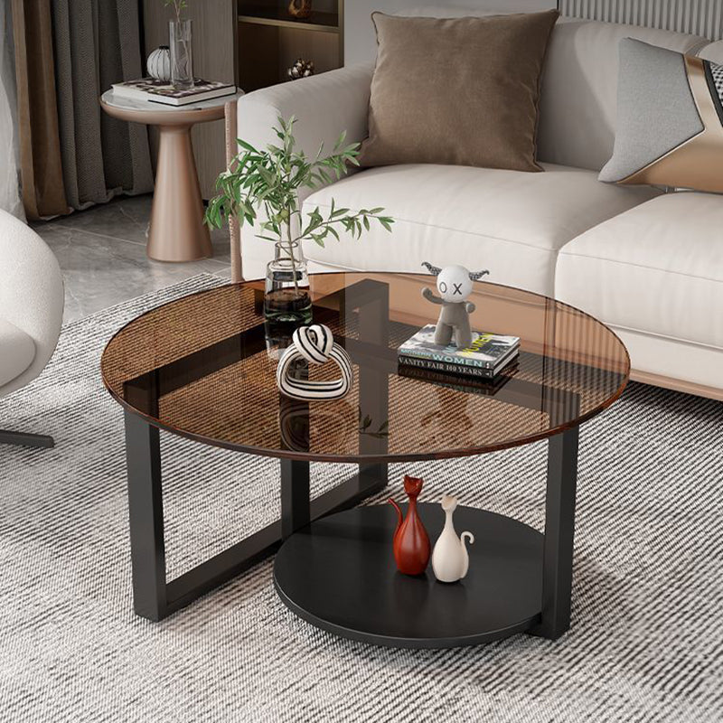 Contemporary Scandinavian Round Sintered Stone Glass Carbon Steel Coffee Table 2-Tier For Living Room