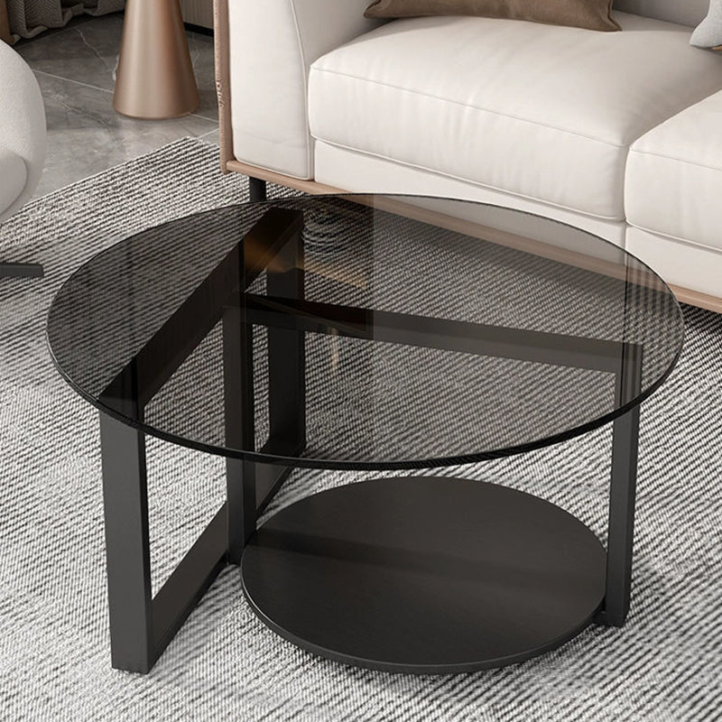 Contemporary Scandinavian Round Sintered Stone Glass Carbon Steel Coffee Table 2-Tier For Living Room