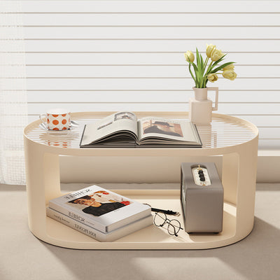 Contemporary Scandinavian Ellipse Glass Iron Coffee Table 2-Tier For Living Room