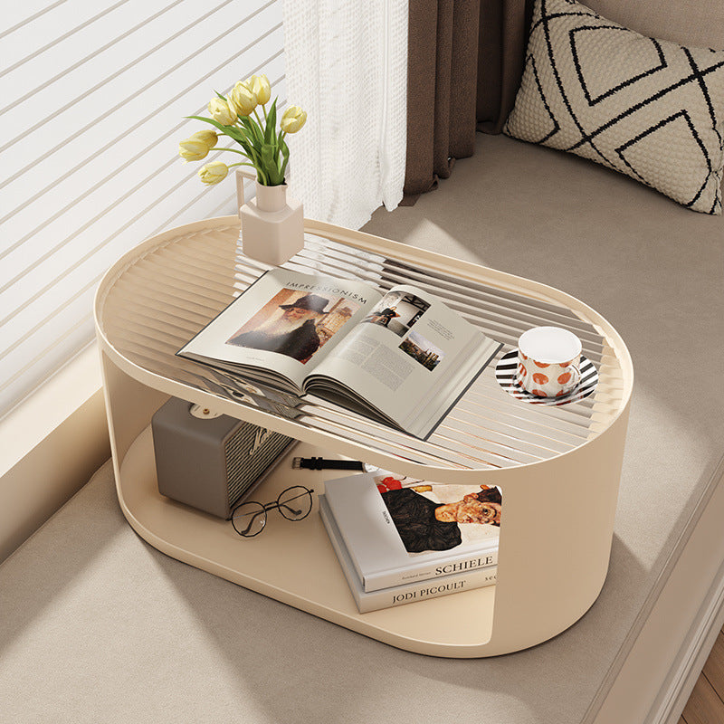 Contemporary Scandinavian Ellipse Glass Iron Coffee Table 2-Tier For Living Room