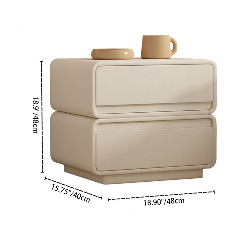 Moderner minimalistischer quadratischer Nachttisch aus keilgezinktem Kiefernholz, MDF und Mikrofaserleder mit 2 Schubladen fürs Schlafzimmer 
