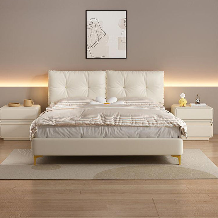 Moderner minimalistischer quadratischer Nachttisch aus keilgezinktem Kiefernholz, MDF und Mikrofaserleder mit 2 Schubladen fürs Schlafzimmer 