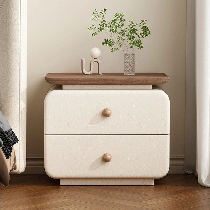 Contemporary Scandinavian Rectangular Solid Wood Multi-layer Board Microfiber Leather Solid Wood Nightstand 2-Drawer For Bedroom