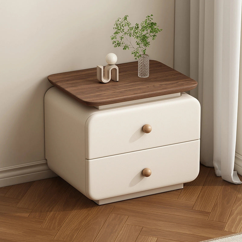 Contemporary Scandinavian Rectangular Solid Wood Multi-layer Board Microfiber Leather Solid Wood Nightstand 2-Drawer For Bedroom