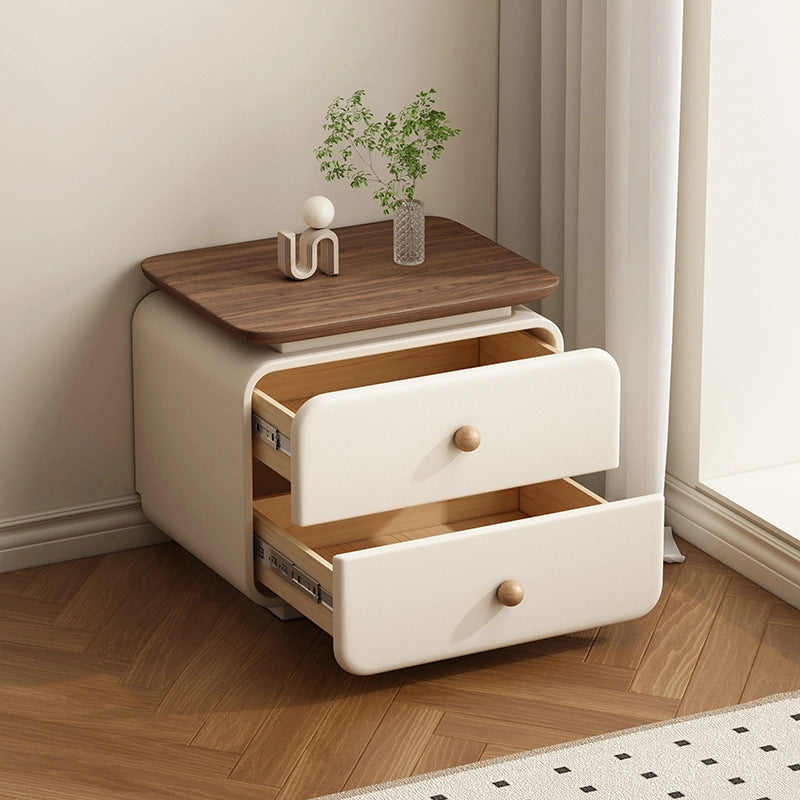 Contemporary Scandinavian Rectangular Solid Wood Multi-layer Board Microfiber Leather Solid Wood Nightstand 2-Drawer For Bedroom