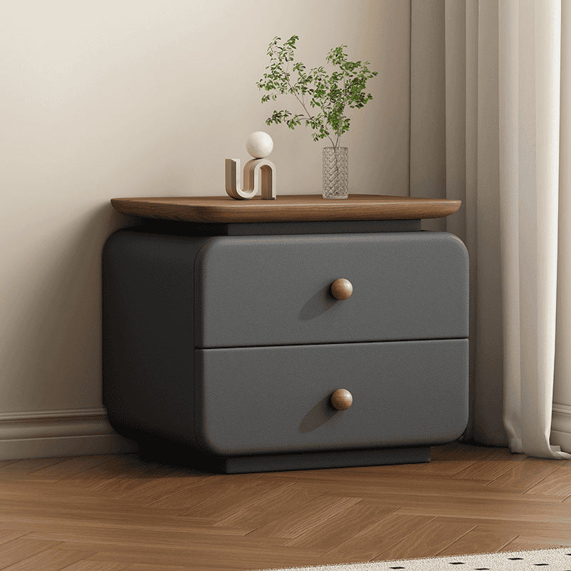Contemporary Scandinavian Rectangular Solid Wood Multi-layer Board Microfiber Leather Solid Wood Nightstand 2-Drawer For Bedroom