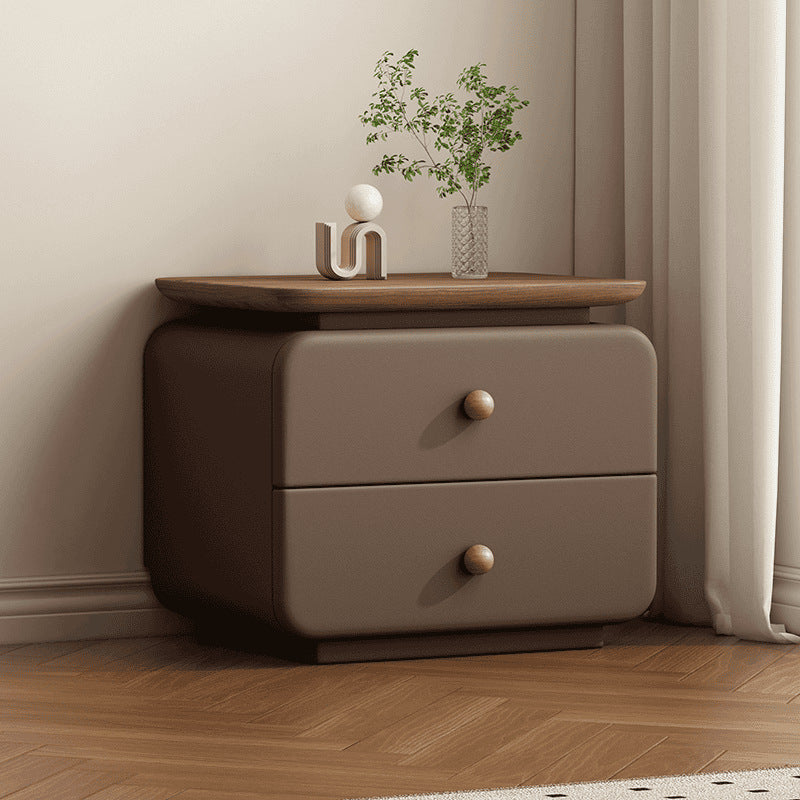 Contemporary Scandinavian Rectangular Solid Wood Multi-layer Board Microfiber Leather Solid Wood Nightstand 2-Drawer For Bedroom