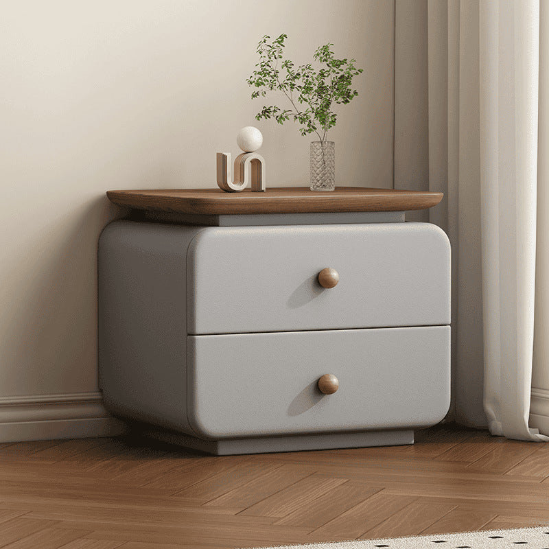 Contemporary Scandinavian Rectangular Solid Wood Multi-layer Board Microfiber Leather Solid Wood Nightstand 2-Drawer For Bedroom
