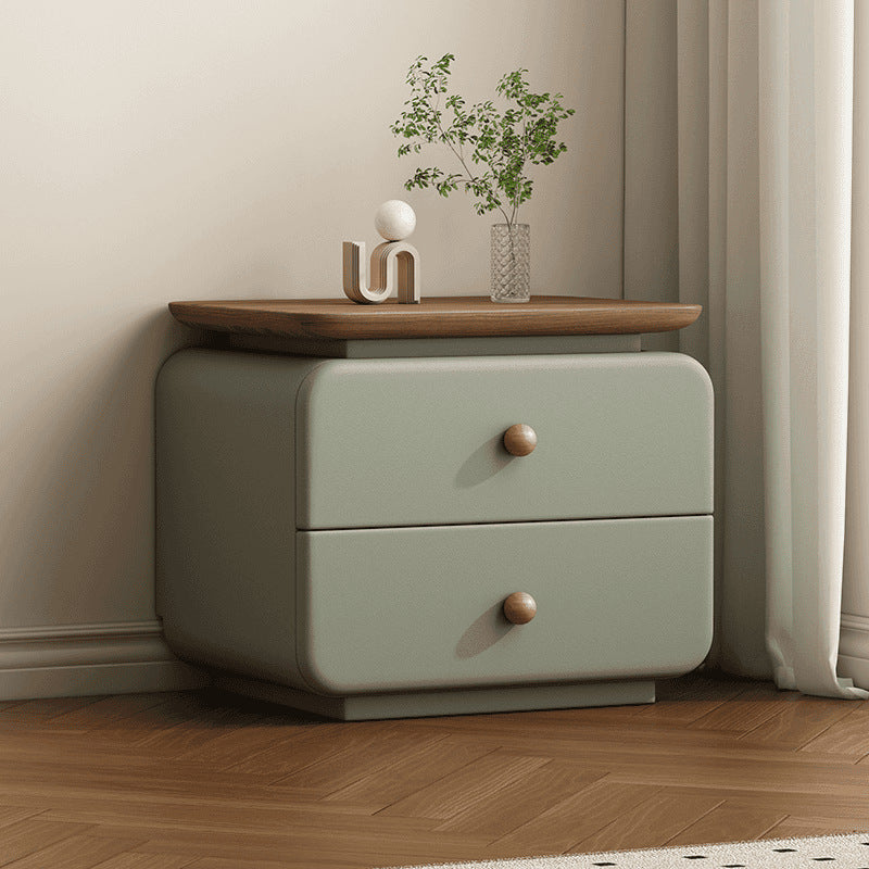 Contemporary Scandinavian Rectangular Solid Wood Multi-layer Board Microfiber Leather Solid Wood Nightstand 2-Drawer For Bedroom