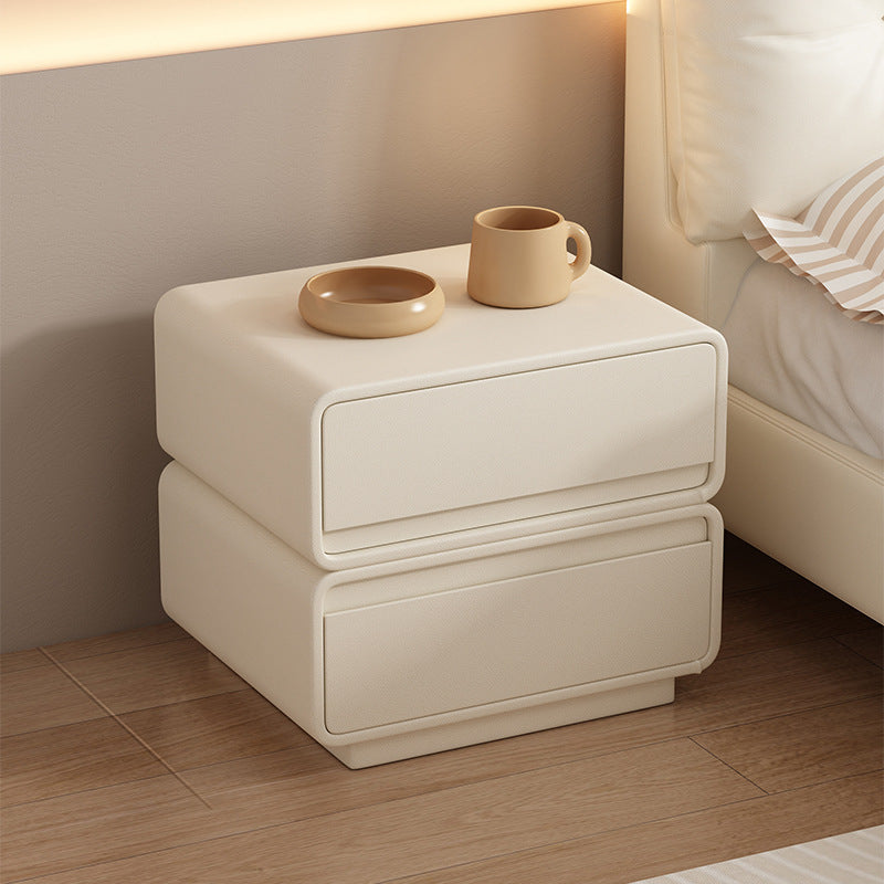 Modern Minimalist Square Solid Wood Multi-layer Board Microfiber Leather Nightstand 2-Drawer For Bedroom