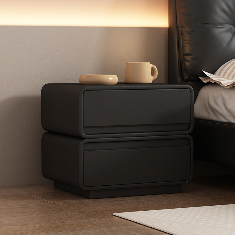 Modern Minimalist Square Solid Wood Multi-layer Board Microfiber Leather Nightstand 2-Drawer For Bedroom