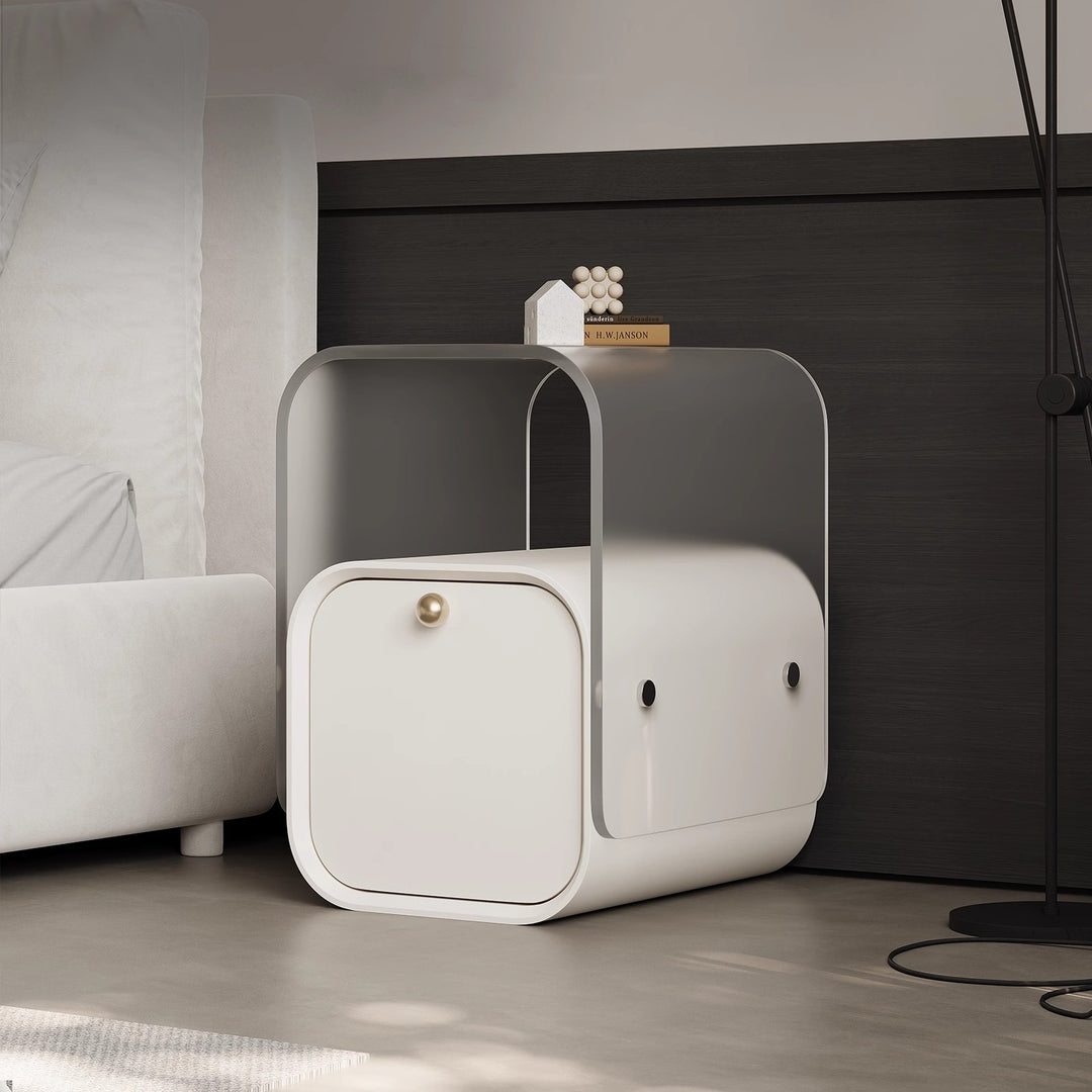 Moderner minimalistischer quadratischer Nachttisch aus Acryl, Kiefernholz und Sperrholz mit 1 Schublade fürs Schlafzimmer 