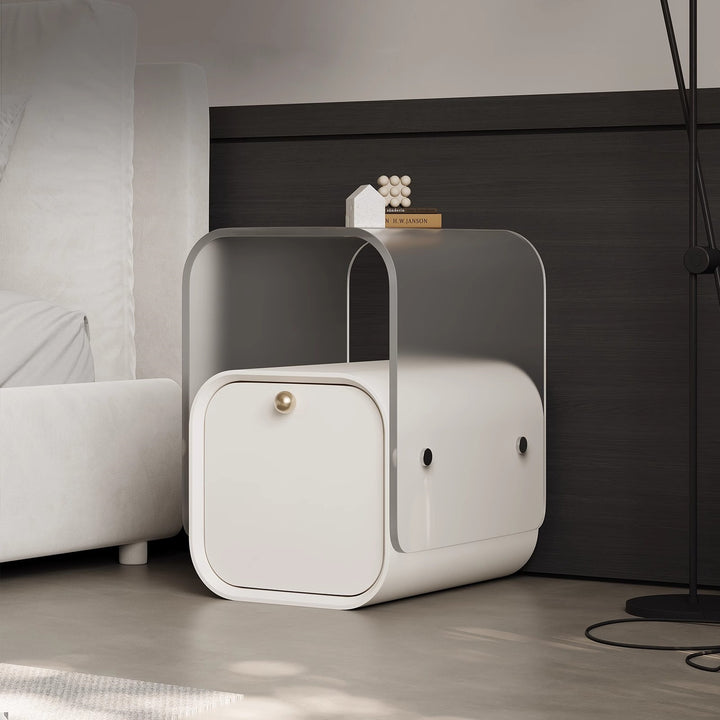 Moderner minimalistischer quadratischer Nachttisch aus Acryl, Kiefernholz und Sperrholz mit 1 Schublade fürs Schlafzimmer 