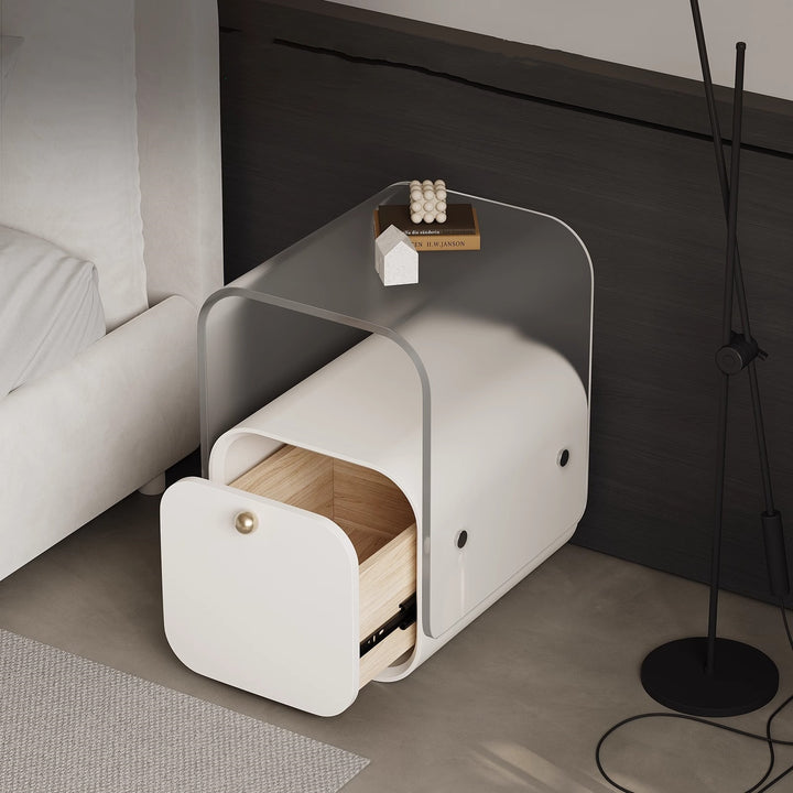 Moderner minimalistischer quadratischer Nachttisch aus Acryl, Kiefernholz und Sperrholz mit 1 Schublade fürs Schlafzimmer 
