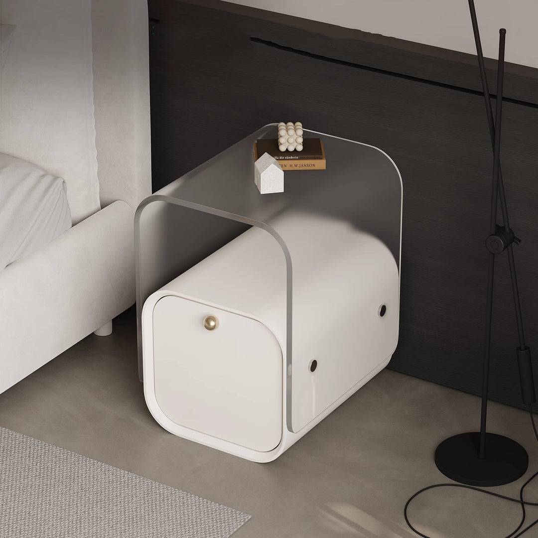 Moderner minimalistischer quadratischer Nachttisch aus Acryl, Kiefernholz und Sperrholz mit 1 Schublade fürs Schlafzimmer 