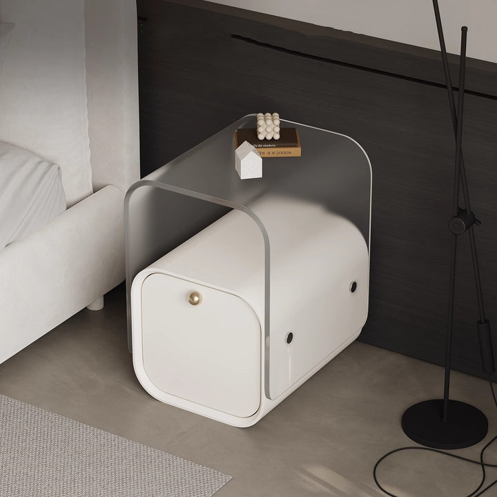 Moderner minimalistischer quadratischer Nachttisch aus Acryl, Kiefernholz und Sperrholz mit 1 Schublade fürs Schlafzimmer 