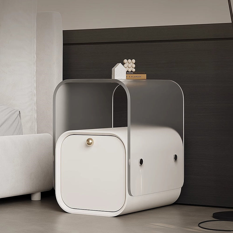 Moderner minimalistischer quadratischer Nachttisch aus Acryl, Kiefernholz und Sperrholz mit 1 Schublade fürs Schlafzimmer 