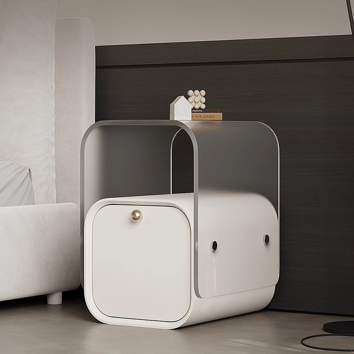 Moderner minimalistischer quadratischer Nachttisch aus Acryl, Kiefernholz und Sperrholz mit 1 Schublade fürs Schlafzimmer 
