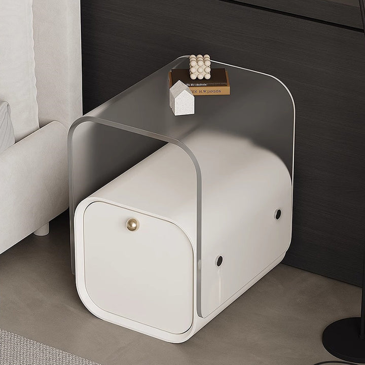 Moderner minimalistischer quadratischer Nachttisch aus Acryl, Kiefernholz und Sperrholz mit 1 Schublade fürs Schlafzimmer 