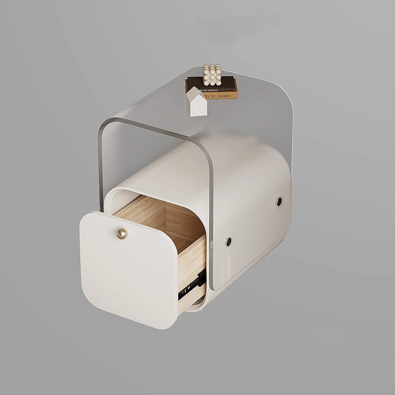 Moderner minimalistischer quadratischer Nachttisch aus Acryl, Kiefernholz und Sperrholz mit 1 Schublade fürs Schlafzimmer 