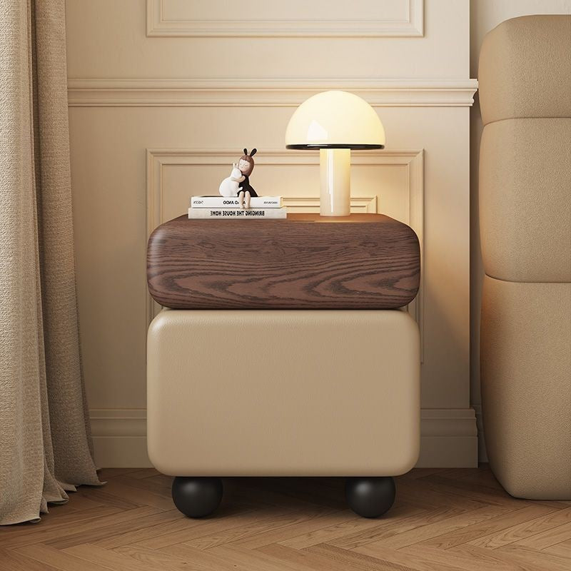Modern Minimalist Square MDF Solid Wood Multi-layer Board Microfiber Leather Nightstand 2-Drawer For Bedroom
