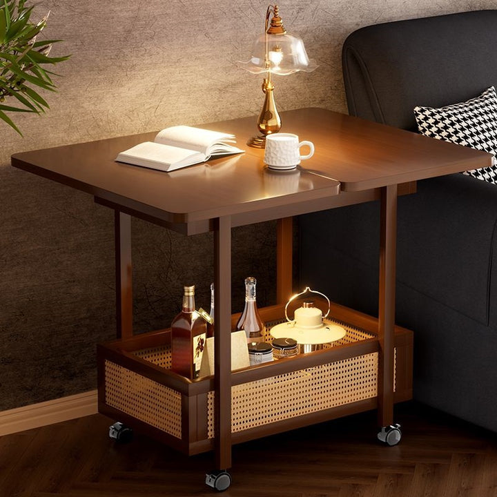 Mesa Auxiliar Extensible Movible de 2 Niveles de Bambú Nan Rectangular Vintage Tradicional de MDF Plástico Tejido Para Sala de Estar 