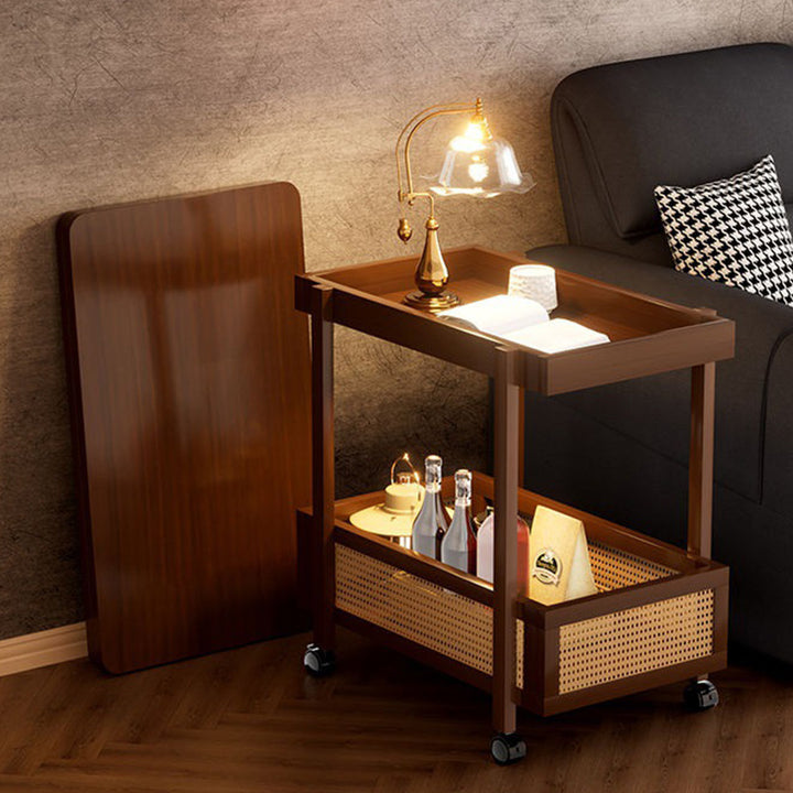 Mesa Auxiliar Extensible Movible de 2 Niveles de Bambú Nan Rectangular Vintage Tradicional de MDF Plástico Tejido Para Sala de Estar 