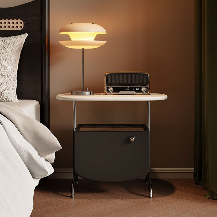 Modern Minimalist Rectangular Solid Wood Multi-layer Board Glass Stainless Steel Nightstand 1-Drawer For Bedroom