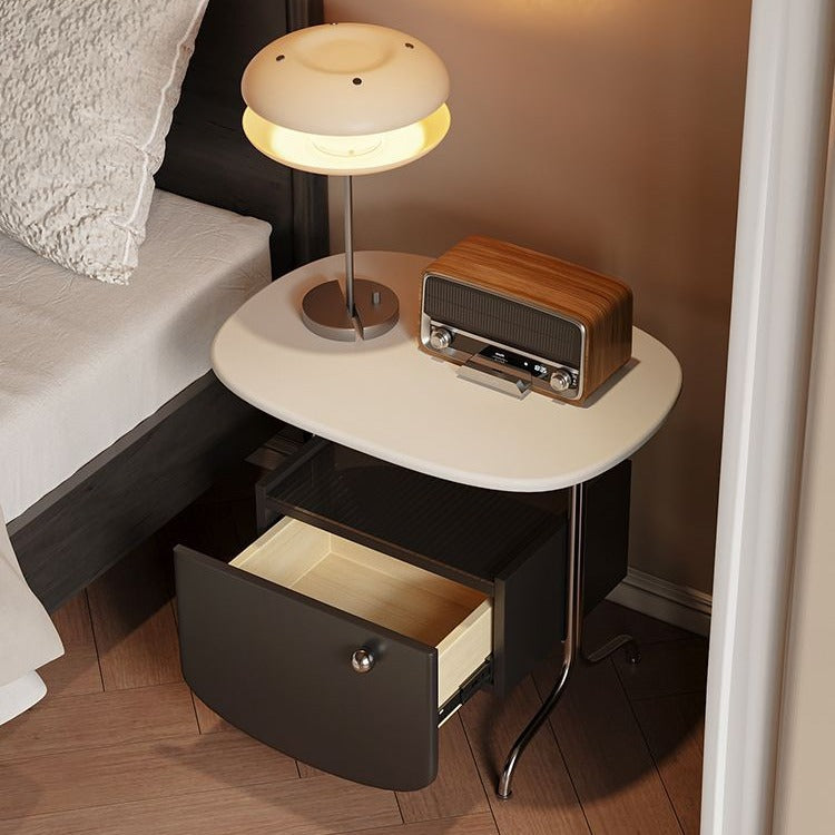 Modern Minimalist Rectangular Solid Wood Multi-layer Board Glass Stainless Steel Nightstand 1-Drawer For Bedroom