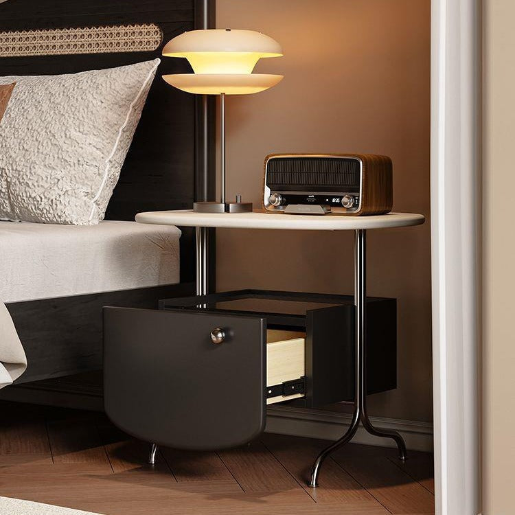 Modern Minimalist Rectangular Solid Wood Multi-layer Board Glass Stainless Steel Nightstand 1-Drawer For Bedroom