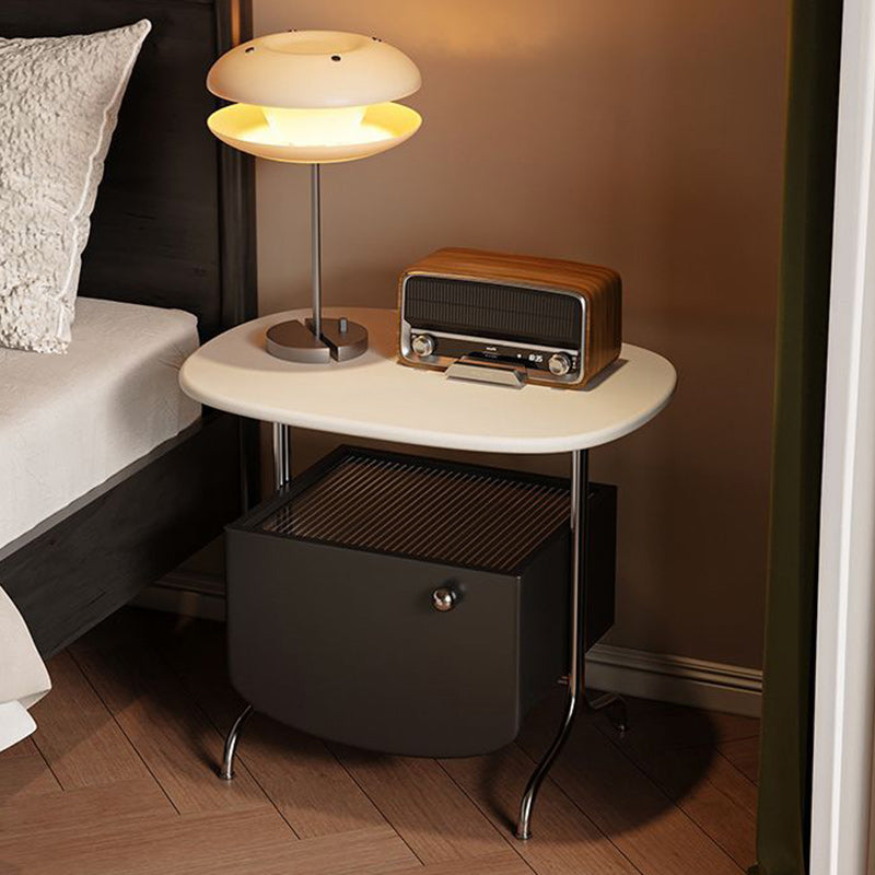 Modern Minimalist Rectangular Solid Wood Multi-layer Board Glass Stainless Steel Nightstand 1-Drawer For Bedroom